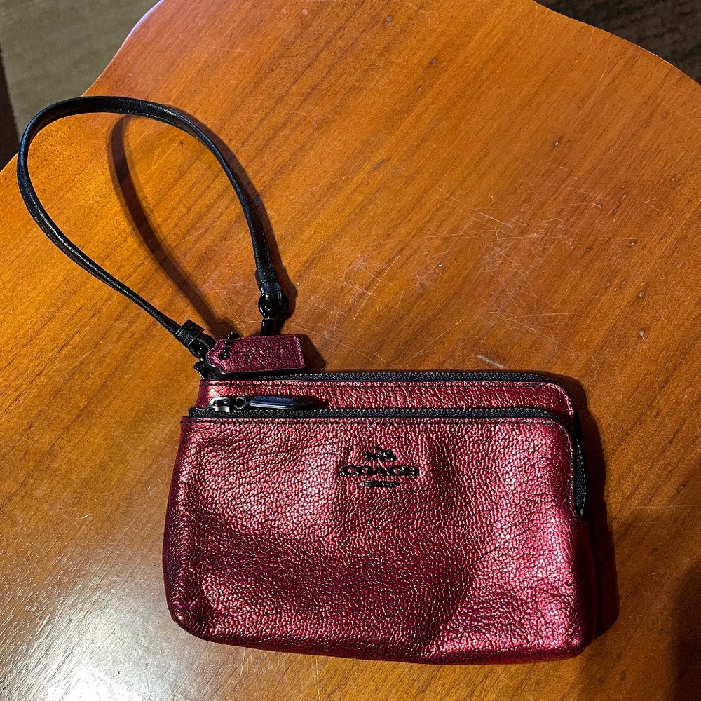 Coach Metallic Cracked Red Leather Double Wristlet